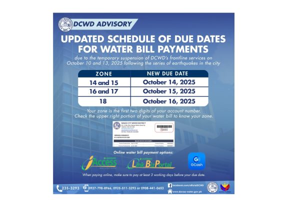 DCWD updates due dates schedule for water bill payments for affected zones